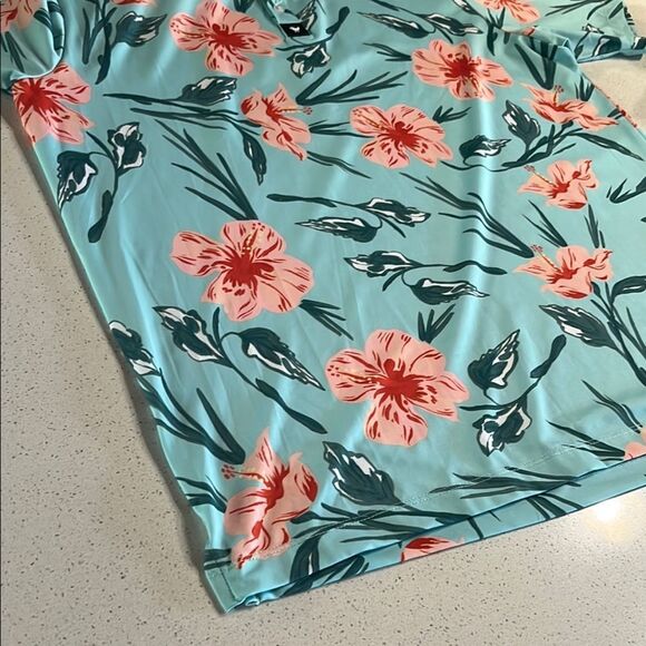 Bad Birdie Aqua Floral Stretch Polo Shirt Size XL - Picture 4 of 7